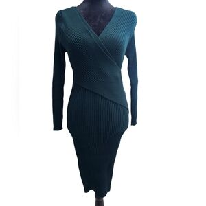 NWT Tam Ware Surplice Wrap Bodycon Knit Midi Dress Dark Green Medium